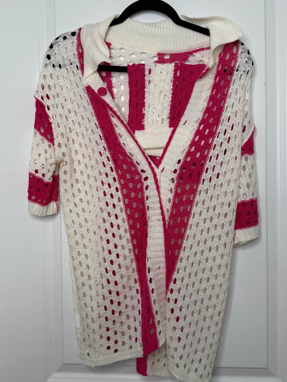 Amazon Cream and Fuchsia Open-Knit Pointelle Cardigan